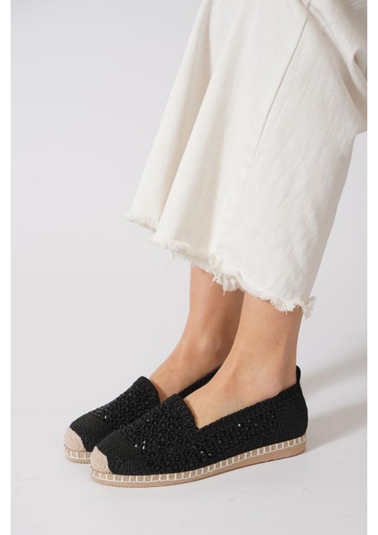 Green Mod 312 Kadın Hasırlı Taşlı Espadril Babet Siyah