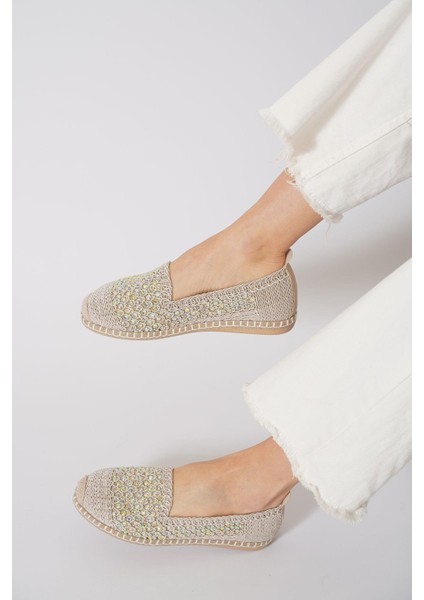 Green Mod 312 Kadın Hasırlı Taşlı Espadril Babet Bej