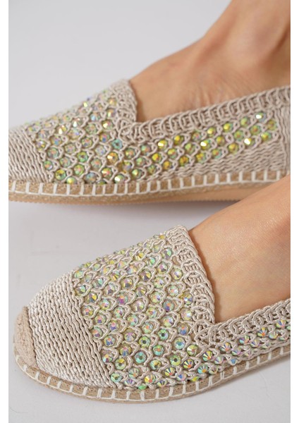 Green Mod 312 Kadın Hasırlı Taşlı Espadril Babet Bej