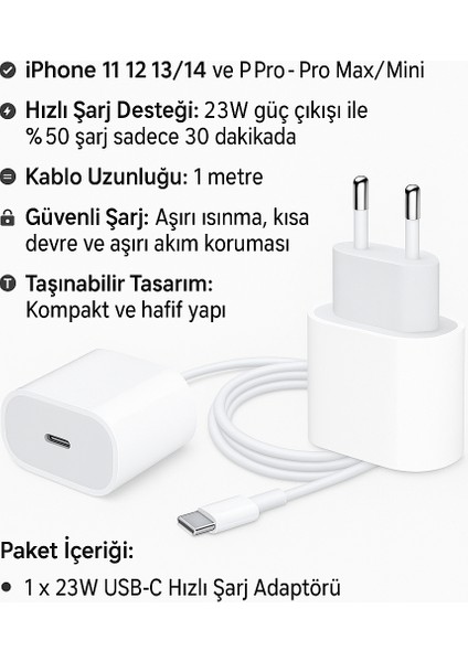 iPhone Uyumlu Hızlı Şarj Aleti 8 / x / Xs / Xr / 11 / 12 / 13 / 14 / Pro / Max / Mini / Plus 23W Adaptör Set