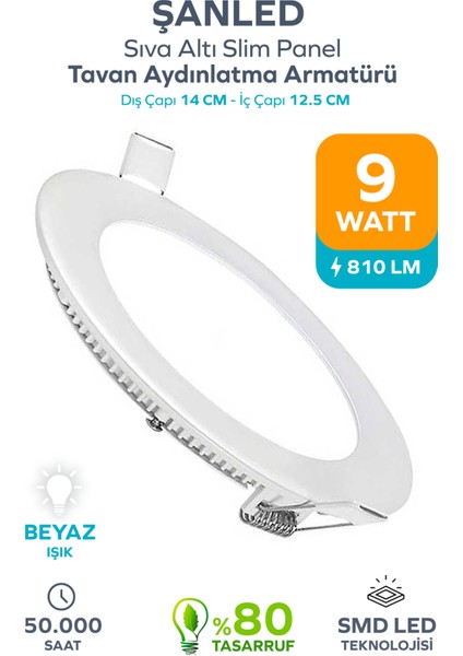 9W Tasarruflu LED Yuvarlak Beyaz Işık Sıva Altı Slim Panel Tavan Aydınlatma Armatürü-1 Adettir