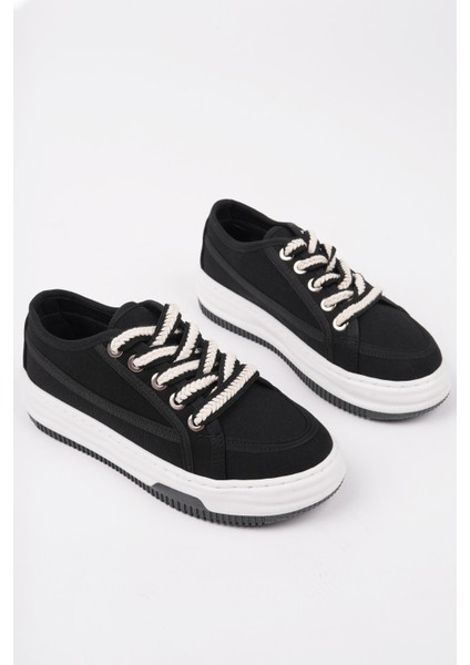 CARİNA Kalın Taban Keten Kumaş Bağcıklı Kadın Günlük Sneaker Spor Ayakkabı