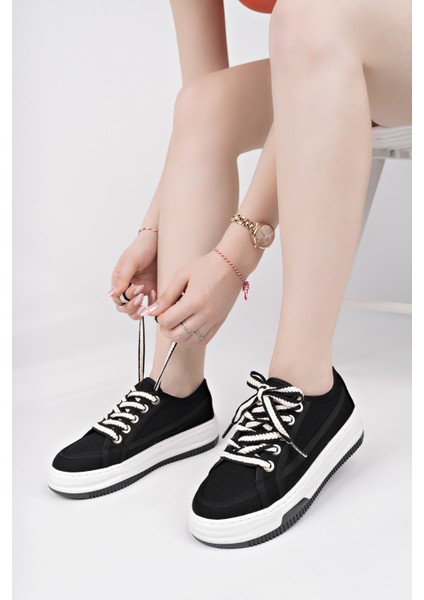 CARİNA Kalın Taban Keten Kumaş Bağcıklı Kadın Günlük Sneaker Spor Ayakkabı