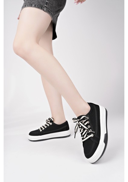 CARİNA Kalın Taban Keten Kumaş Bağcıklı Kadın Günlük Sneaker Spor Ayakkabı