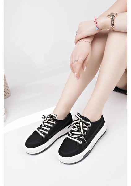 CARİNA Kalın Taban Keten Kumaş Bağcıklı Kadın Günlük Sneaker Spor Ayakkabı