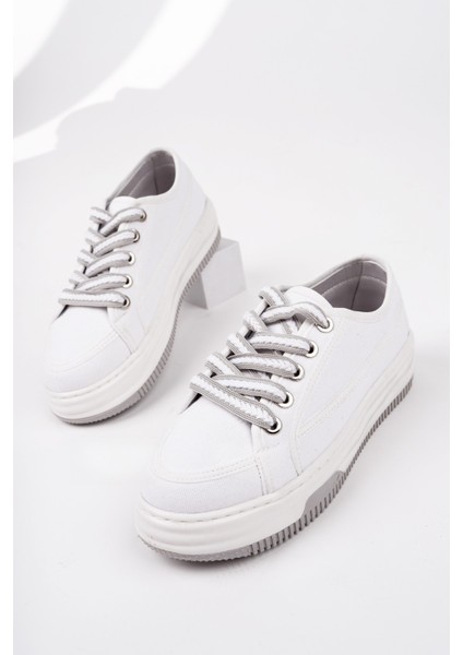 CARİNA Kalın Taban Keten Kumaş Bağcıklı Kadın Günlük Sneaker Spor Ayakkabı