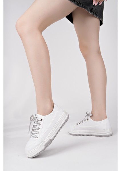 CARİNA Kalın Taban Keten Kumaş Bağcıklı Kadın Günlük Sneaker Spor Ayakkabı