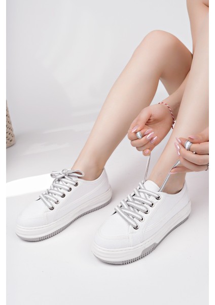 CARİNA Kalın Taban Keten Kumaş Bağcıklı Kadın Günlük Sneaker Spor Ayakkabı