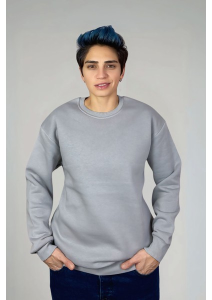 Unisex Yüksek Kaliteli Pamuklu Basic Oversize Bisiklet Yaka Sweatshirt