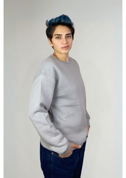 Unisex Yüksek Kaliteli Pamuklu Basic Oversize Bisiklet Yaka Sweatshirt