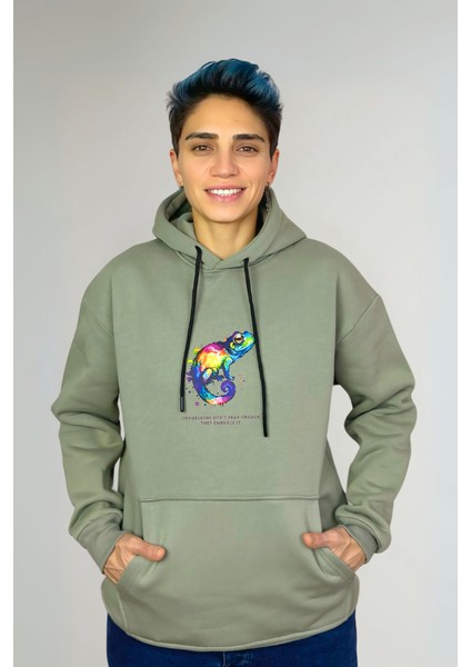 Renkli Bukalemun Özel Tasarım Pamuklu Oversize Kapüşonlu Sweatshirt