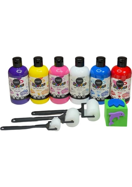 6'lı Mammacomica Yıkanabilir Parmak Boyası-6* 250ML- 3'lü Sünger Roller- Eva Küp