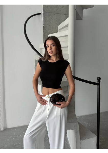 Bisiklet Yaka Ay Kol Fit Vücuda Oturan Crop Örme Bluz