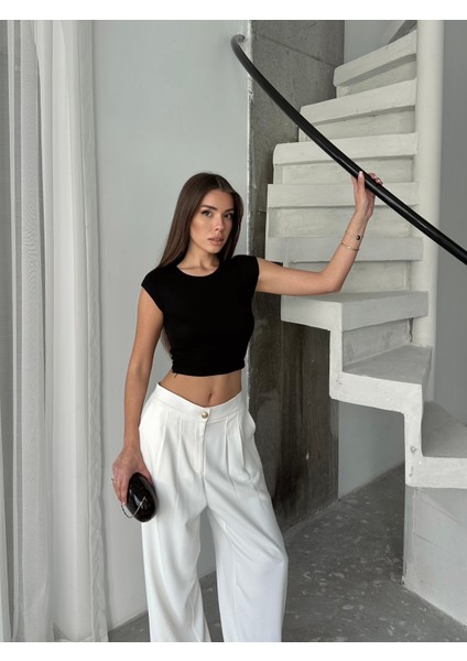 Bisiklet Yaka Ay Kol Fit Vücuda Oturan Crop Örme Bluz