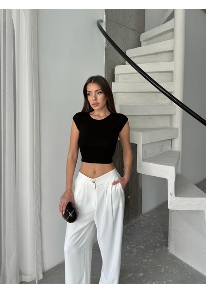 Bisiklet Yaka Ay Kol Fit Vücuda Oturan Crop Örme Bluz