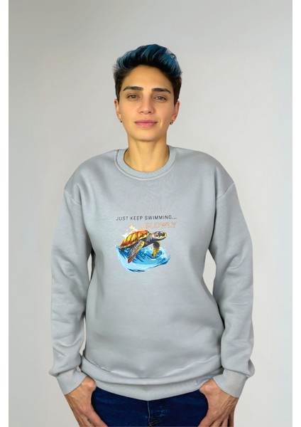 Kaplumbağa Baskılı Özel Tasarım Pamuklu Oversize Unisex Sweatshirt