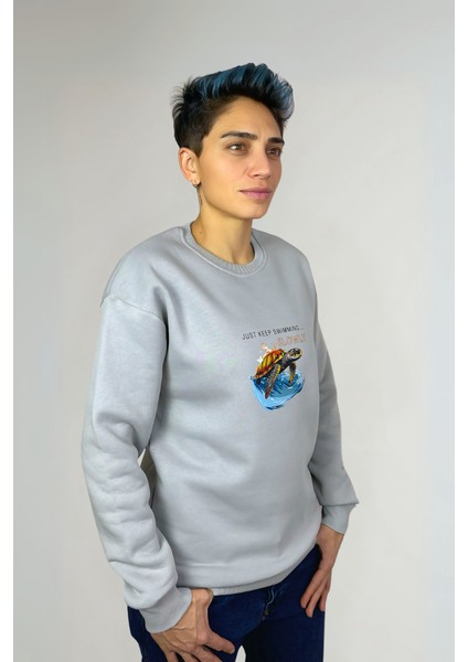 Kaplumbağa Baskılı Özel Tasarım Pamuklu Oversize Unisex Sweatshirt