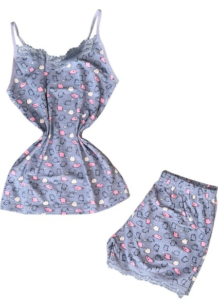 7100-2 Kadın Askılı Desenli Şortlu Pijama Takımı - Konforlu Ev Iç Giyimi