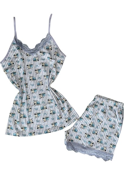 7100-7 Kadın Askılı Desenli Şortlu Pijama Takımı - Konforlu Ev Iç Giyimi