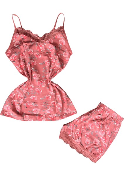7100-4 Kadın Askılı Desenli Şortlu Pijama Takımı - Konforlu Ev Iç Giyimi
