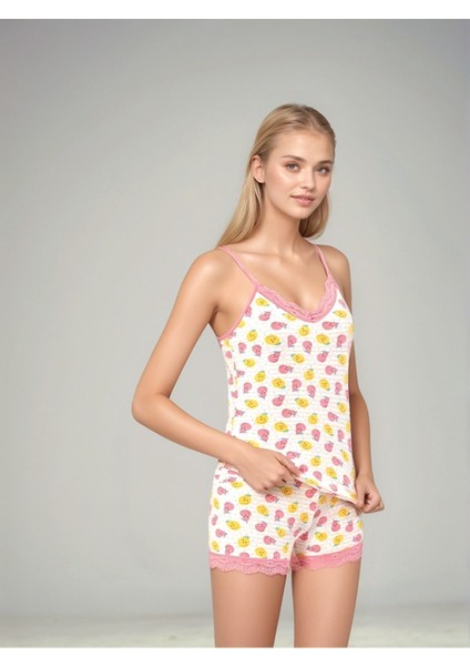 7100-8 Kadın Askılı Desenli Şortlu Pijama Takımı - Konforlu Ev Iç Giyimi