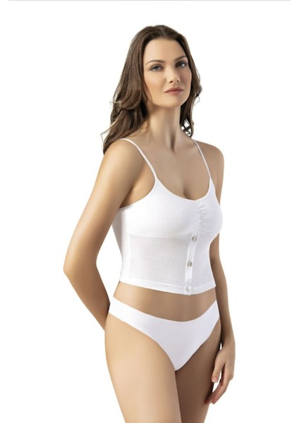 6441 Modelli Düğme Detaylı Classıc Style Ip Askılı Kadın Pedli Crop Büstiyer Beyaz