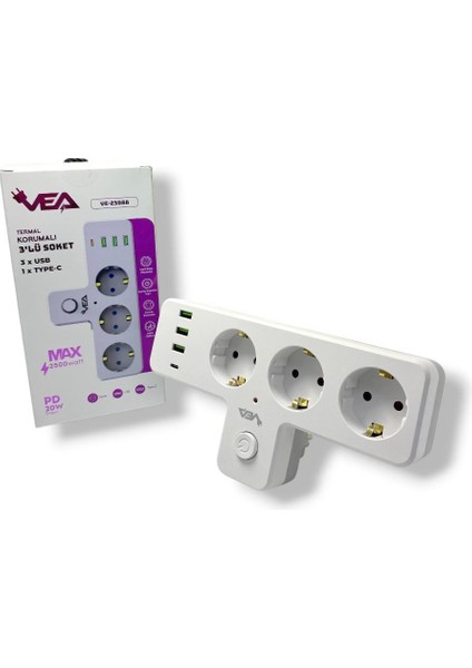 VE-23088 3 Soketli 3xusb+Type-C Çocuk ve Termal Korumalı Anahtarlı Priz