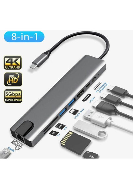 USB Type-C Hub Dönüştürücü Çoklayıcı USB Hdmi, Tf, Sd, Pd, Ethernet Çevirici 8in1
