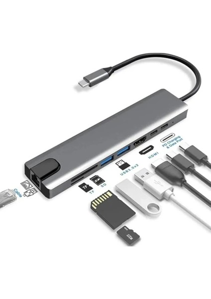 USB Type-C Hub Dönüştürücü Çoklayıcı USB Hdmi, Tf, Sd, Pd, Ethernet Çevirici 8in1