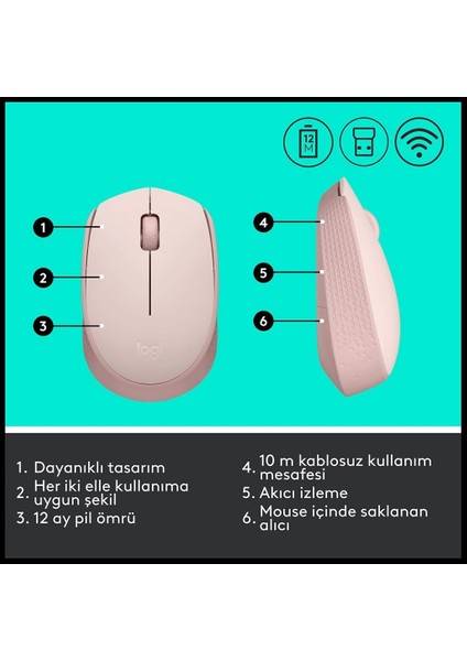Logıtech 910-006865, M171 Rose, USB Nano 2,4g Kablosuz, 1000DPI, Optik, 3 Tuşlu, 12AY Pil Ömrü, Mouse