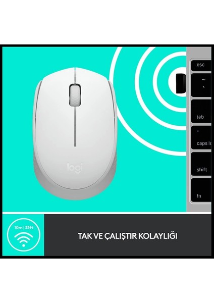 Logıtech 910-006867, M171 White, USB Nano 2,4g Kablosuz, 1000DPI, Optik, 3 Tuşlu, 12AY Pil Ömrü, Mouse