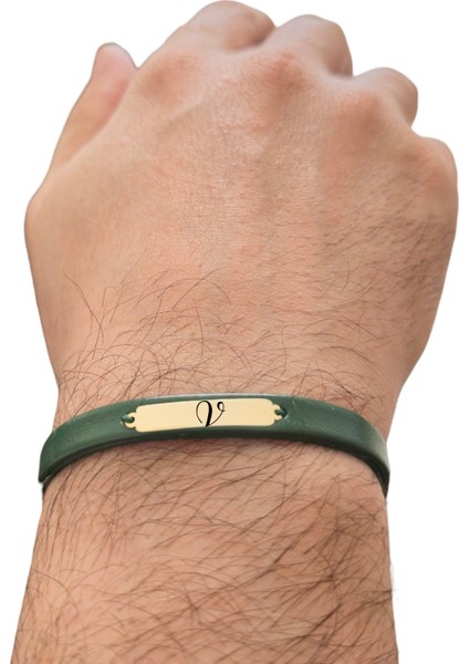 Yeşil Derili 14 Ayar Altın Plakalı Dikdörtgen Motifli Erkeklere Özel Harf Bilekliği-371 modelleri