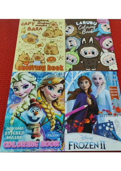 4 Adet Stickerli Boyama Kitabı (Frozenıı/elsa/*capybara*/labubu Figürlü)