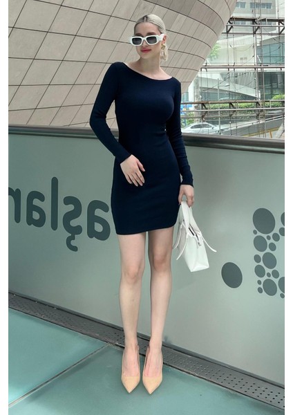 Lacivert Madonna Yaka Mini Elbise MG2041