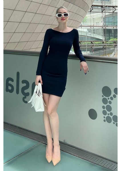 Lacivert Madonna Yaka Mini Elbise MG2041 fiyatları