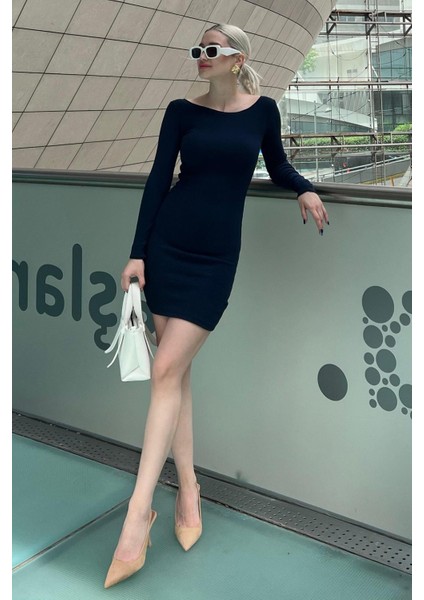 Lacivert Madonna Yaka Mini Elbise MG2041 modelleri