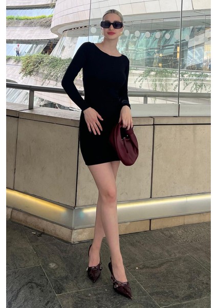 Siyah Madonna Yaka Mini Elbise MG2041 modelleri