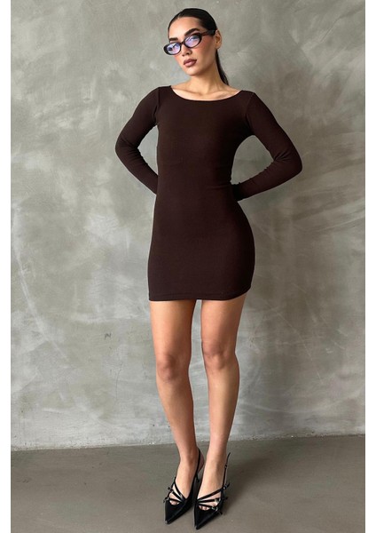 Kahverengi Madonna Yaka Mini Elbise MG2041