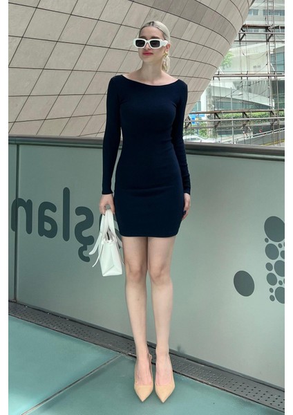 Lacivert Madonna Yaka Mini Elbise MG2041 fırsatları