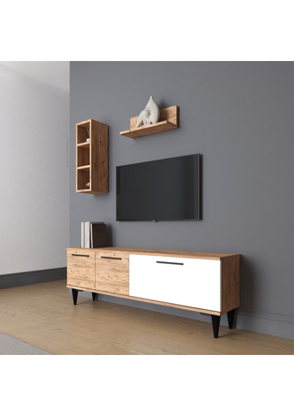 Bali 3 Kapaklı Raflı Tv Ünitesi - Atlantik Çam / Beyaz