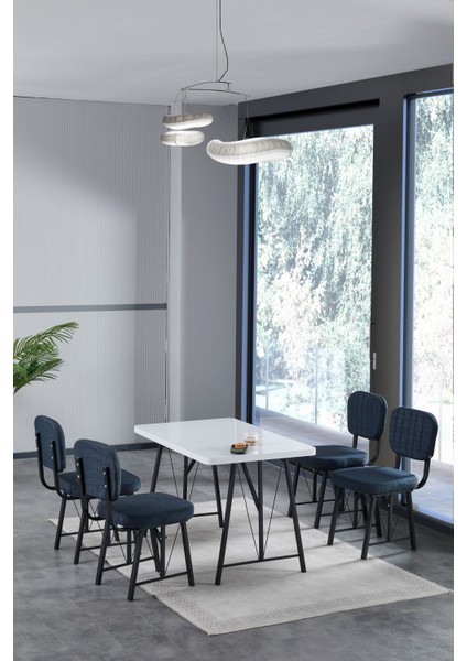 Hayat 70 x 110 cm Sabit Beyaz Mutfak Masası, Mutfak Masası Takımı, Yemek Masası, 4 Lacivert Sandalye