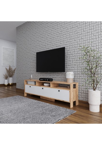 Ibiza 3 Kapaklı Raflı Tv Sehpası - Atlantik Çam / Beyaz