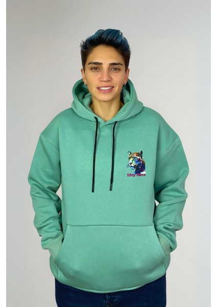 Renkli Leopar Pamuklu Özel Tasarım Oversize Unisex Kapüşonlu Sweatshirt