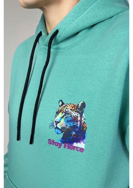 Renkli Leopar Pamuklu Özel Tasarım Oversize Unisex Kapüşonlu Sweatshirt