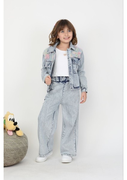 Kız Çiçek Aplikeli Denim Takım