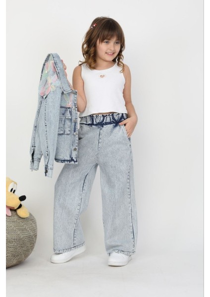 Kız Çiçek Aplikeli Denim Takım