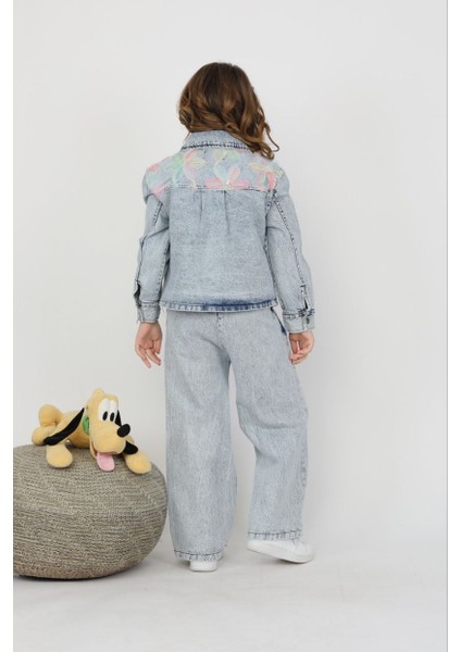 Kız Çiçek Aplikeli Denim Takım