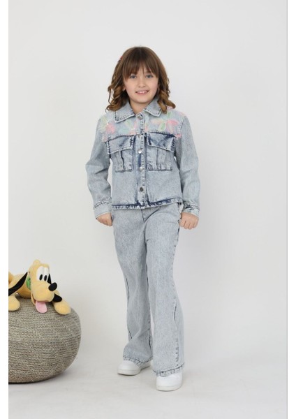 Kız Çiçek Aplikeli Denim Takım