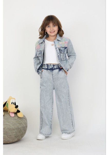 Kız Çiçek Aplikeli Denim Takım