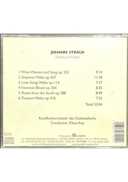 CD Johann Straus Famous Waltzes CD fiyatları